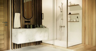 Beyaz banyoda duş modern stil.