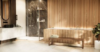 Japonya banyosunda ahşap ve siyah granit duvar. Modern Onsen tarzı.