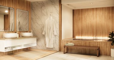 Ahşap Japon banyosu modern Onsen minimal tarzı.
