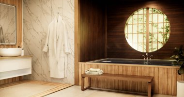 Ahşap Japon banyosu modern Onsen minimal tarzı.