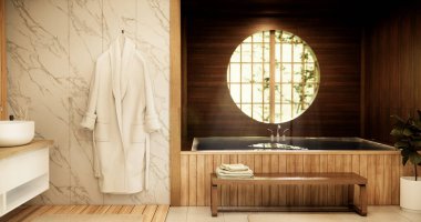 Ahşap Japon banyosu modern Onsen minimal tarzı.