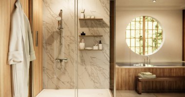 Ahşap Japon banyosu modern Onsen minimal tarzı.