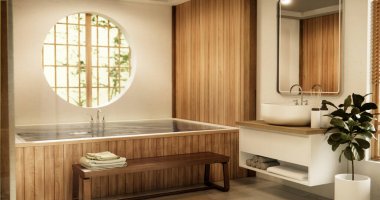 Ahşap Japon banyosu modern Onsen minimal tarzı.