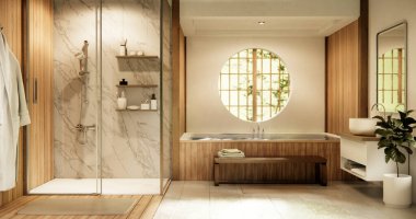 Ahşap Japon banyosu modern Onsen minimal tarzı.