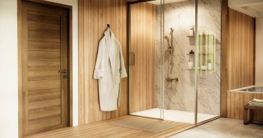 Beyaz banyoda duş modern stil.