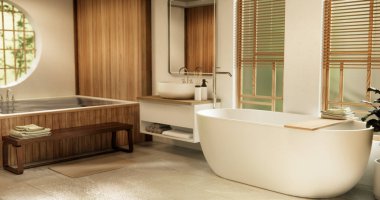 Ahşap Japon banyosu modern Onsen minimal tarzı.