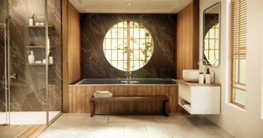 Japonya banyosunda ahşap ve siyah granit duvar. Modern Onsen tarzı.