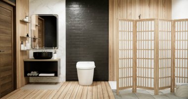 Japonya banyosunda ahşap ve siyah granit duvar. Modern Onsen tarzı.