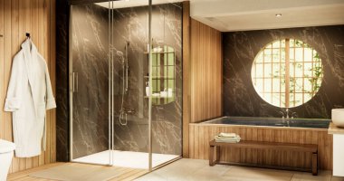 Japonya banyosunda ahşap ve siyah granit duvar. Modern Onsen tarzı.