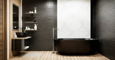 Japonya banyosunda ahşap ve siyah granit duvar. Modern Onsen tarzı.