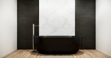 Japonya banyosunda ahşap ve siyah granit duvar. Modern Onsen tarzı.