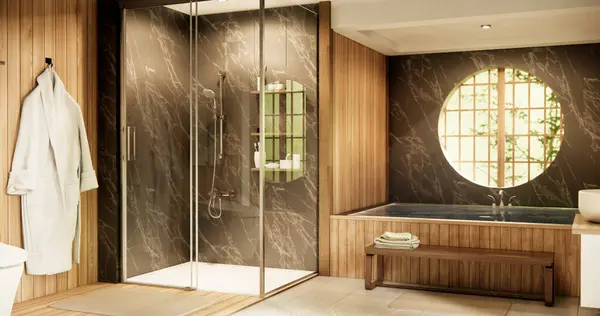 Japonya banyosunda ahşap ve siyah granit duvar. Modern Onsen tarzı.