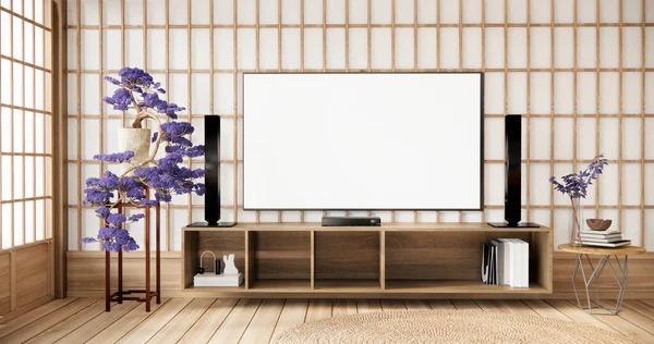 Modern Japan Style Purple Decorated Cabinet White Wall — Stock Photo, Image