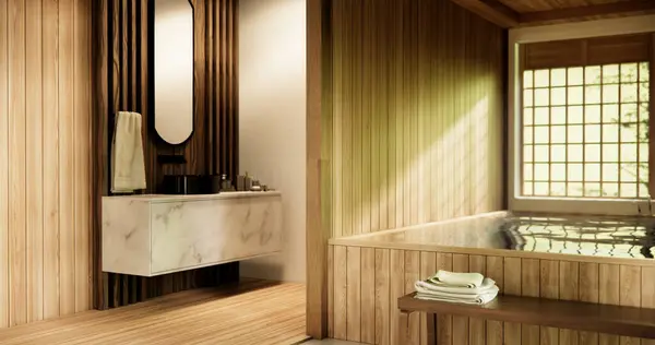 Banheiro Japonês Madeira Moderno Onsen Estilo Mínimo — Fotografia de Stock