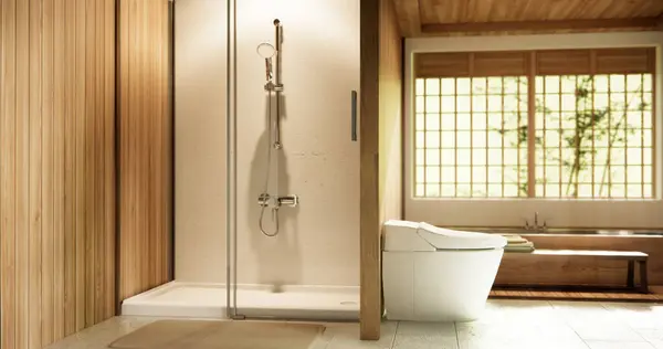 Banheiro Japonês Madeira Moderno Onsen Estilo Mínimo — Fotografia de Stock