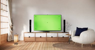 Modern beyaz oda içinde asılı boş yeşil ekran akıllı TV Mockup iç tasarım minimal.