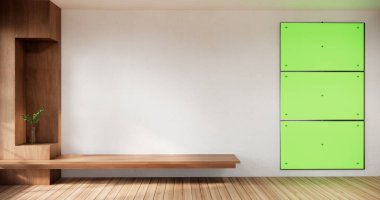 Modern beyaz oda içinde asılı boş yeşil ekran akıllı TV Mockup iç tasarım minimal.