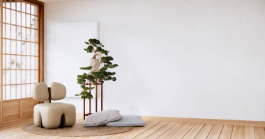 İç mekan, Japon oturma odasındaki boş duvarlı koltukla modellenir..