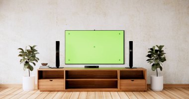 Modern beyaz oda içinde asılı boş yeşil ekran akıllı TV Mockup iç tasarım minimal.