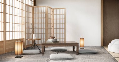 Düşük masa ve yastıklı modern oda japan tarzı..