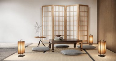 Düşük masa ve yastıklı modern oda japan tarzı..