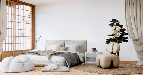 Minimalist Wabisabi Interior Mock Zen Bed Plant Decoartion Japanese Bedroom — Stock Photo, Image