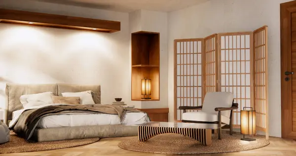 Minimalist wabisabi interior mock up with zen bed plant and decoartion in japanese bedroom.