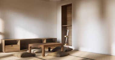 Düşük masa ve yastıklı modern oda japan tarzı..