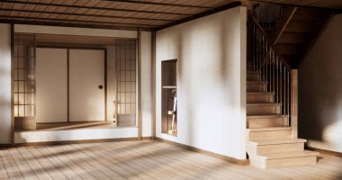 Rafta duvar odası zen tarzı ve dekorasyon ahşap tasarım, toprak rengi..