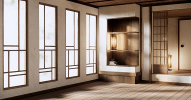 Rafta duvar odası zen tarzı ve dekorasyon ahşap tasarım, toprak rengi..