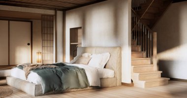 Yatak odası Japon tarzı, modern beyaz duvar ve ahşap zemin, oda minimalisti..