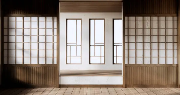 Minimalistisches Interieur Mit Hölzerner Japanischer Leerer Wand Hintergrundattrappe — Stockfoto