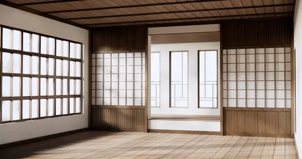 Rafta Duvar Odası Zen Tarzı Dekorasyon Ahşap Tasarım Toprak Rengi — Stok fotoğraf