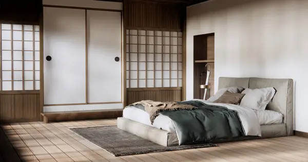 Bedroom japanese minimal style.,Modern white wall and wooden floor, room minimalist.