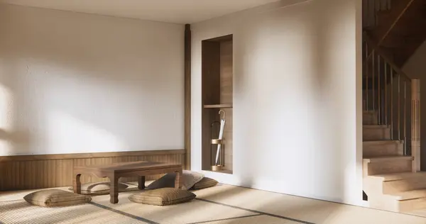Moderno Con Mesa Baja Almohada Estilo Japonés Habitación Mínima —  Fotos de Stock