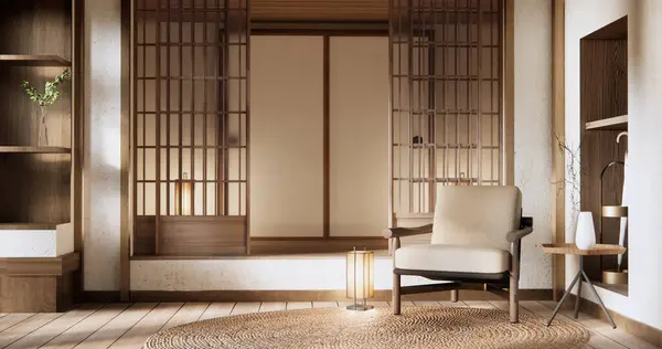 Intérieur Maquette Avec Fauteuil Dans Salon Japonais Avec Mur Vide — Photo