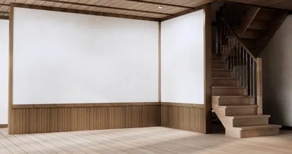木製の日本の空の壁の背景のモックアップが付いているミニマリストの内部 — ストック写真