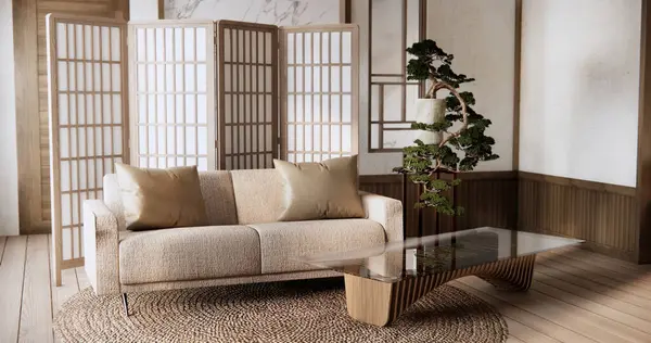 Диван Кресло Японской Гостиной Пустой Стеной — стоковое фото
