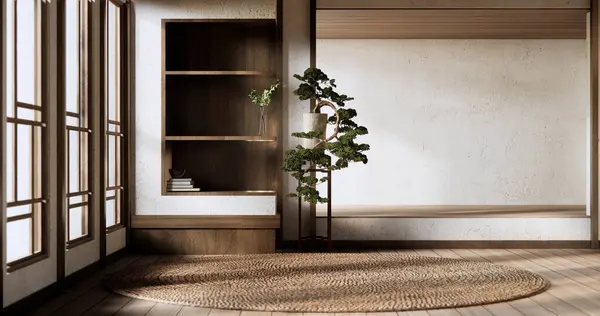 Regalwand Zimmer Zen Stil Und Dekoration Holzdesign Erdton Stockbild
