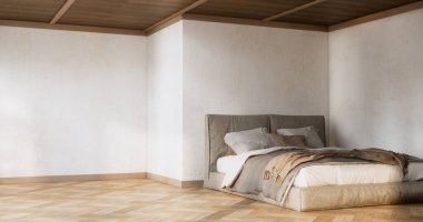 Yatak odası Japon tarzı, modern beyaz duvar ve ahşap zemin, oda minimalisti..