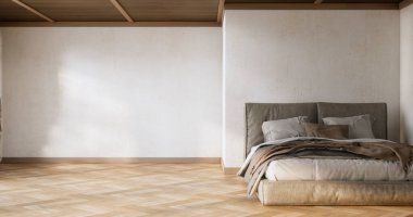 Yatak odası Japon tarzı, modern beyaz duvar ve ahşap zemin, oda minimalisti..