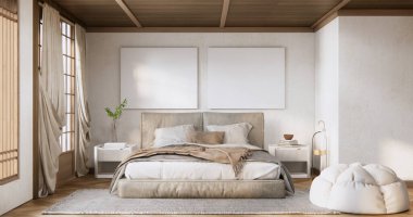 Yatak odası Japon tarzı, modern beyaz duvar ve ahşap zemin, oda minimalisti..