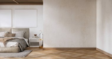 Yatak odası Japon tarzı, modern beyaz duvar ve ahşap zemin, oda minimalisti..