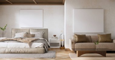 Yatak odası Japon tarzı, modern beyaz duvar ve ahşap zemin, oda minimalisti..