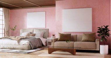 Yatak odası Japon tarzı, modern beyaz duvar ve ahşap zemin, oda minimalisti..