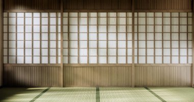 Tatami paspas zeminli boş japon deisgn salonu. 3B görüntüleme