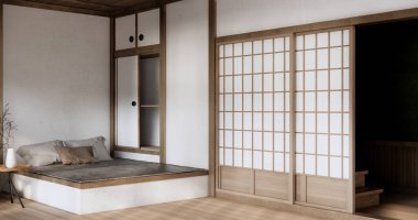 Muji tarzı, boş ahşap oda, Japon odasının içini temizlemek.