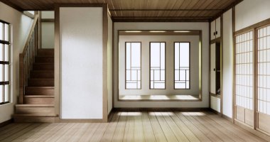 Muji tarzı, boş ahşap oda, Japon odasının içini temizlemek.