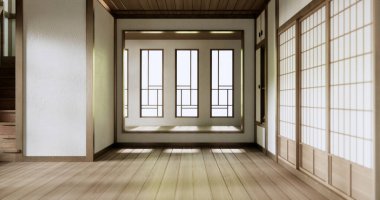 Muji tarzı, boş ahşap oda, Japon odasının içini temizlemek.