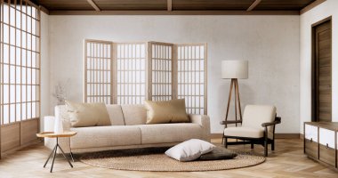 İç mekan, Japon oturma odasındaki boş duvarlı kanepeyle modellenir..